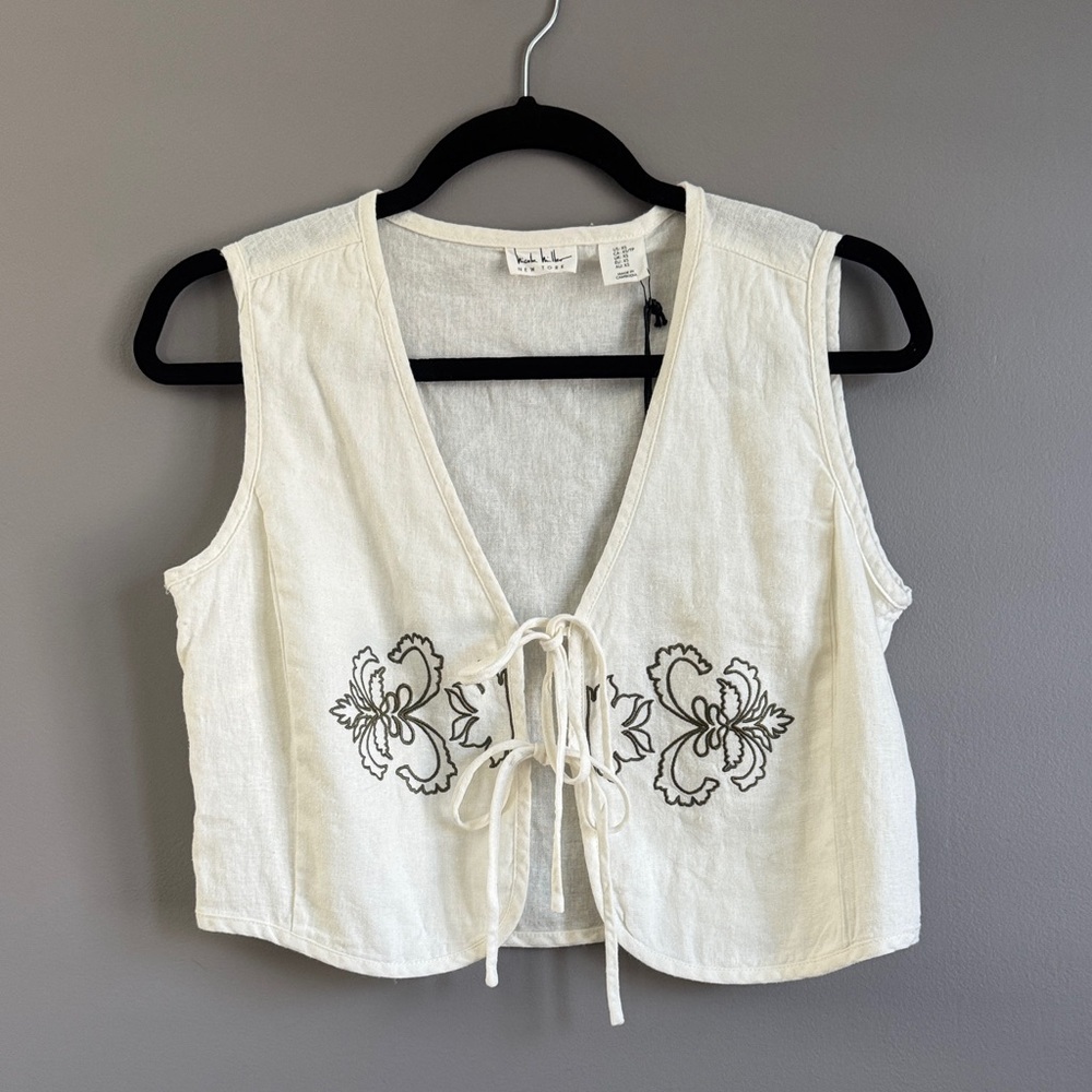 NWT Nicole Miller Cream Embroidered Tie-Front Tank Top